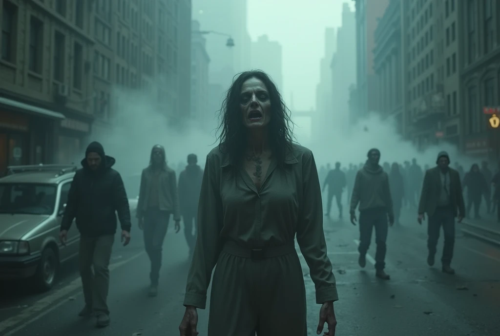 Dense mysterious fog: 1.9, New York City, hordes of zombies wandering Manhattan, female zombie attacking the camera, (Highest quality, 4k, 8k, high resolution, Masterpiece: 1.2), ultra detailed, (Realistic, Photorealistic, Photorealistic: 1.37), dark fantasy, horror, moody lighting, dramatic shadows, cinematic composition, dystopian, ruined city, spooky atmosphere, thick fog, gloomy, ominous, ghostly, uneasy, ruins, crumbling architecture, mystical, supernatural, undead, gruesome, eerie, unsettling, muted colors, deep shadows, dramatic lighting