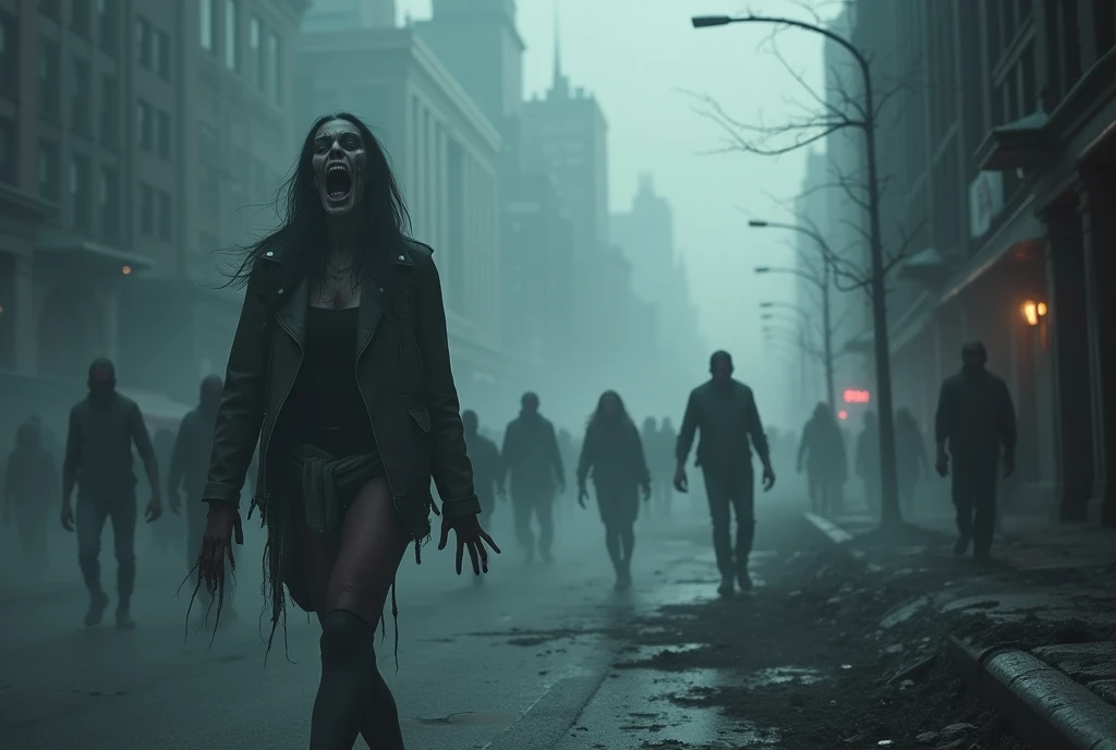 Dense mysterious fog: 1.9, New York City, hordes of zombies wandering Manhattan, female zombie attacking the camera, (Highest quality, 4k, 8k, high resolution, Masterpiece: 1.2), ultra detailed, (Realistic, Photorealistic, Photorealistic: 1.37), dark fantasy, horror, moody lighting, dramatic shadows, cinematic composition, dystopian, ruined city, spooky atmosphere, thick fog, gloomy, ominous, ghostly, uneasy, ruins, crumbling architecture, mystical, supernatural, undead, gruesome, eerie, unsettling, muted colors, deep shadows, dramatic lighting