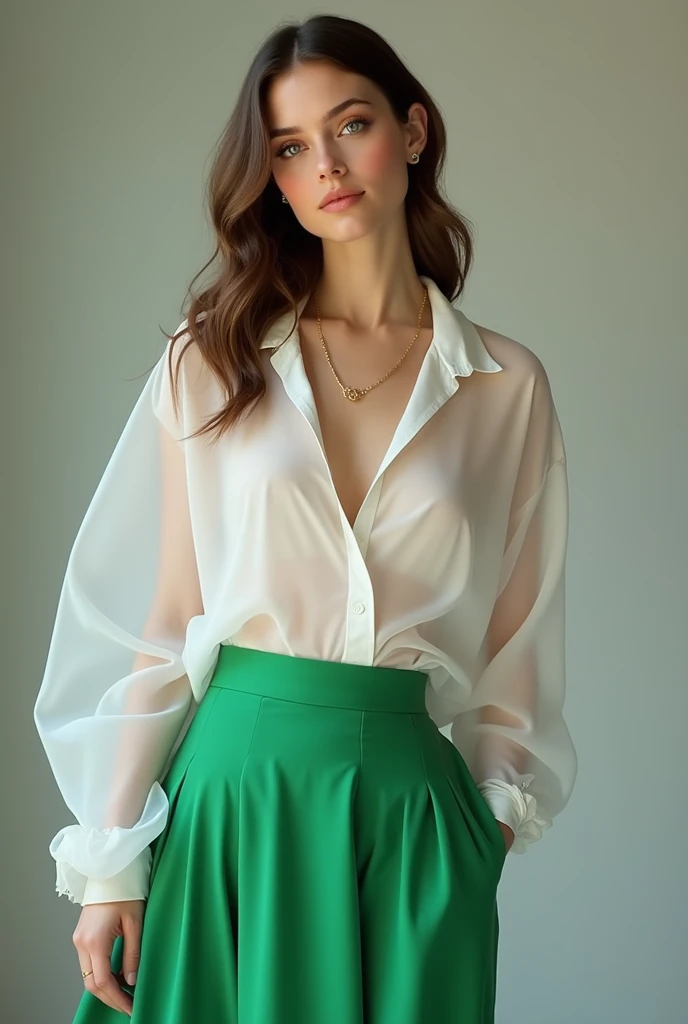Green skirt tall woman white transparent shirt