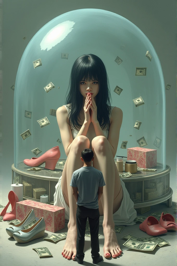 Black haired white woman inside a bubble with makeup boxes, women&#39;s shoes, dollars and a man outside with his back turned with his hands on his face crying 