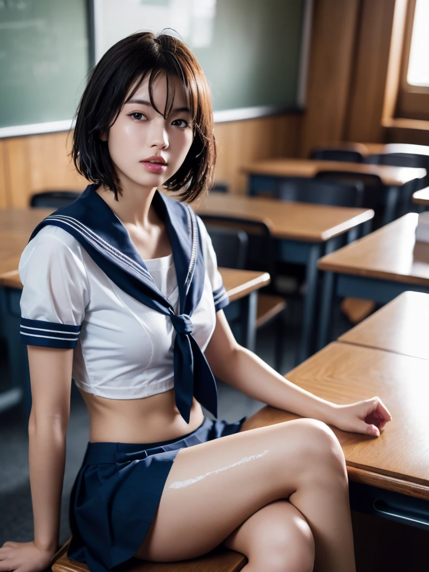 (masterpiece:1.2), Very detailed, Ultra-high resolution, (Realistic, photo Realistic:1.6), High-resolution RAW color photos, Professional photos, Sharp focus:1.2, (Very detailed顔と肌の質感, Very beautiful eyes, Glossのある肌, Glowing Skin, Glowing Skin, Shining Face, Gloss, Oily skin, greasy face, Oily skin, greasy face,),, (real Glossのある肌 texture), Perfect Anatomy, Very detailed背景,(High school classroom at night),1 female,25-year-old woman, Japanese women,Height: 168cm,(short hair, Straight hair, bangs, Brown Hair),((Flat Chest:1.6)),(Slender legs), ((((White short-sleeved sailor suit、Navy blue pleated skirt:1.5、A perfectly detailed sexy bra inside a sailor uniform:1.2、Perfectly detailed sexy string thong inside the skirt))),((sit at a desk with your knees up:1.3))、(((A translucent sailor uniform, wet and see-through:1.4))),Invite to sex