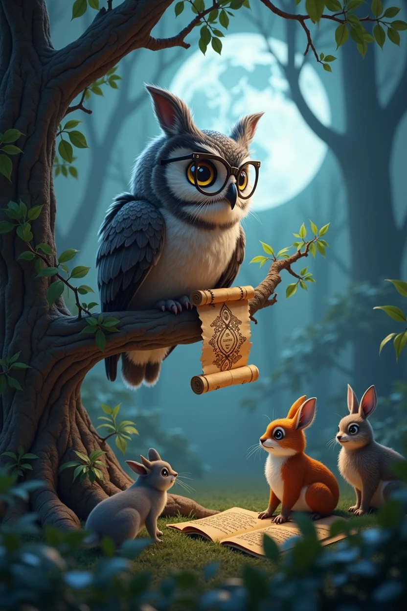 {
"prompt": "A wise old owl with large, expressive eyes, perched on a branch in a dense, mystical forest. The owl is wearing small round spectacles, holding an ancient scroll in its talons, and speaking to a group of curious woodland animals. The scene is illuminated by soft moonlight filtering through the trees, creating a magical atmosphere. 3D render, ultra HD quality."
}