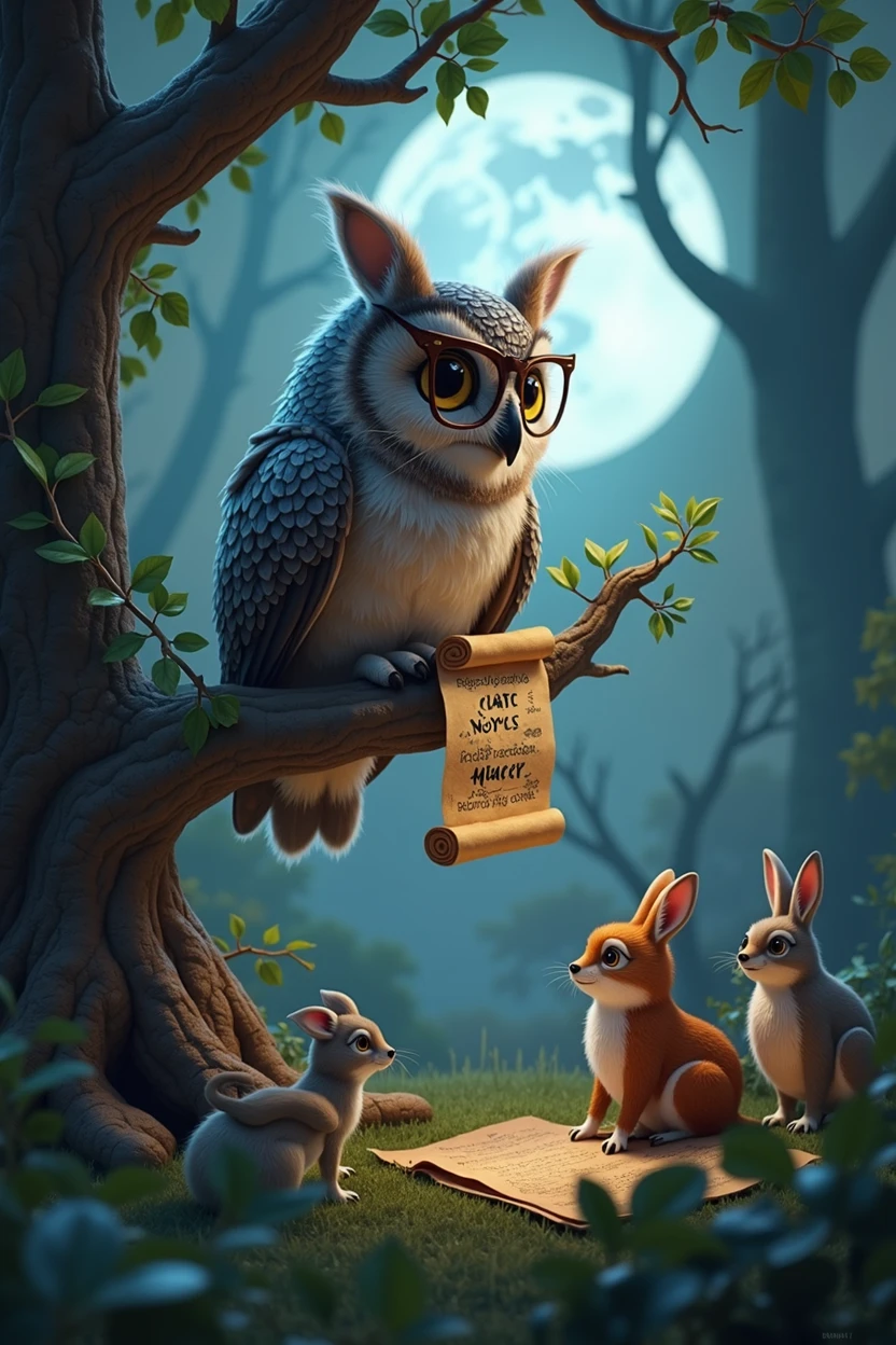 {
"prompt": "A wise old owl with large, expressive eyes, perched on a branch in a dense, mystical forest. The owl is wearing small round spectacles, holding an ancient scroll in its talons, and speaking to a group of curious woodland animals. The scene is illuminated by soft moonlight filtering through the trees, creating a magical atmosphere. 3D render, ultra HD quality."
}