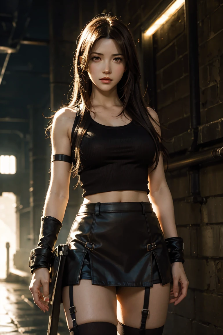 Tifa Lockhart, wallpaper, landscape, Depth of written boundary, night, Particles of light, light, Side lighting, Thighs, skirt, Red eyes, Brown Hair, Thigh-high socks, Arm Sleeves
