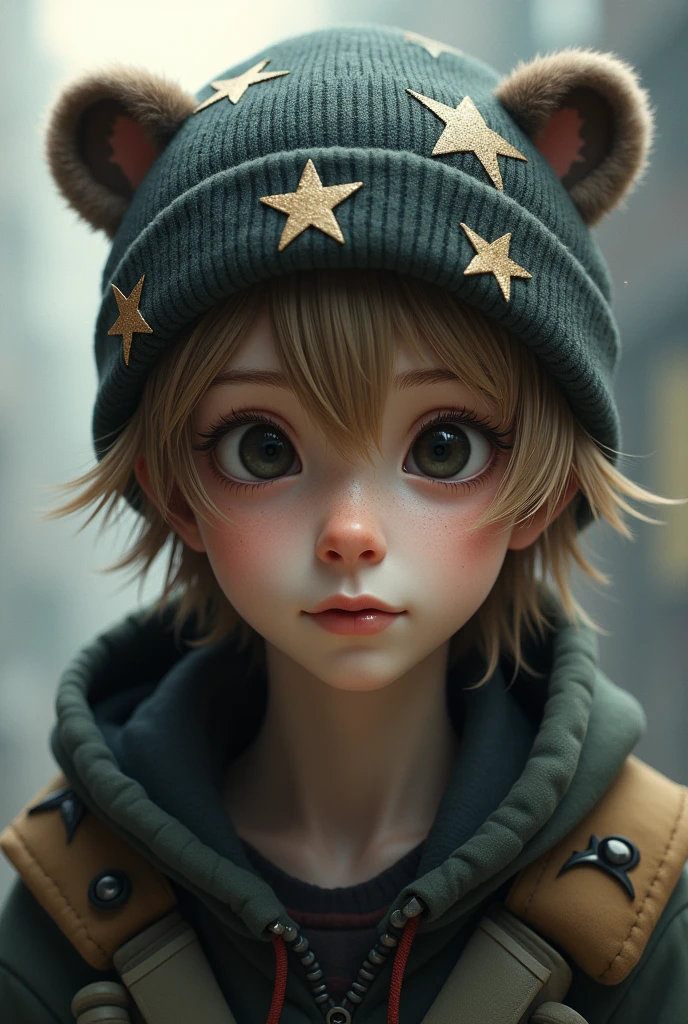 Semi-realistic style.
young guy, Pale skin, black eyes, Light brown hair, They wore emo-style clothing with faded colors, They wear a beanie with star accessories and have otter ears