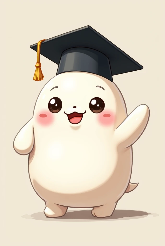 A Pochaco wearing a graduation cap pointing to the right.