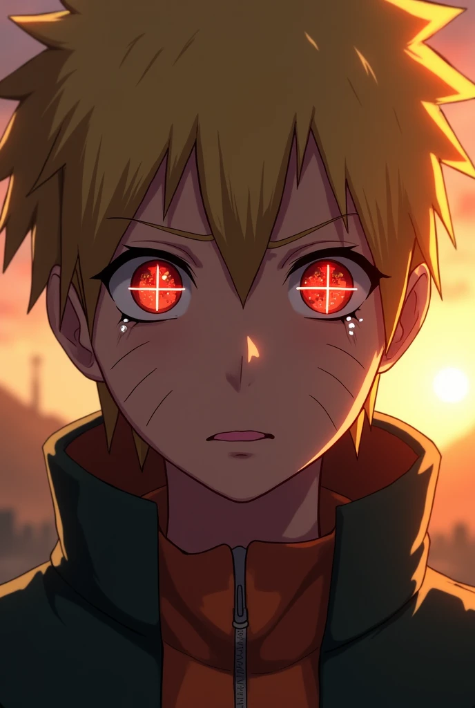Naruto's face with red eyes from crying, reflecting a cross in his eyes, in a place with sun.