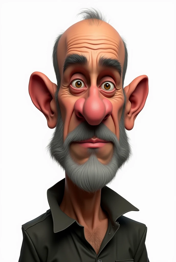 Create a caricature on a white background of a forty-year-old man, blacksad, with little hair but not bald and a low gray beard