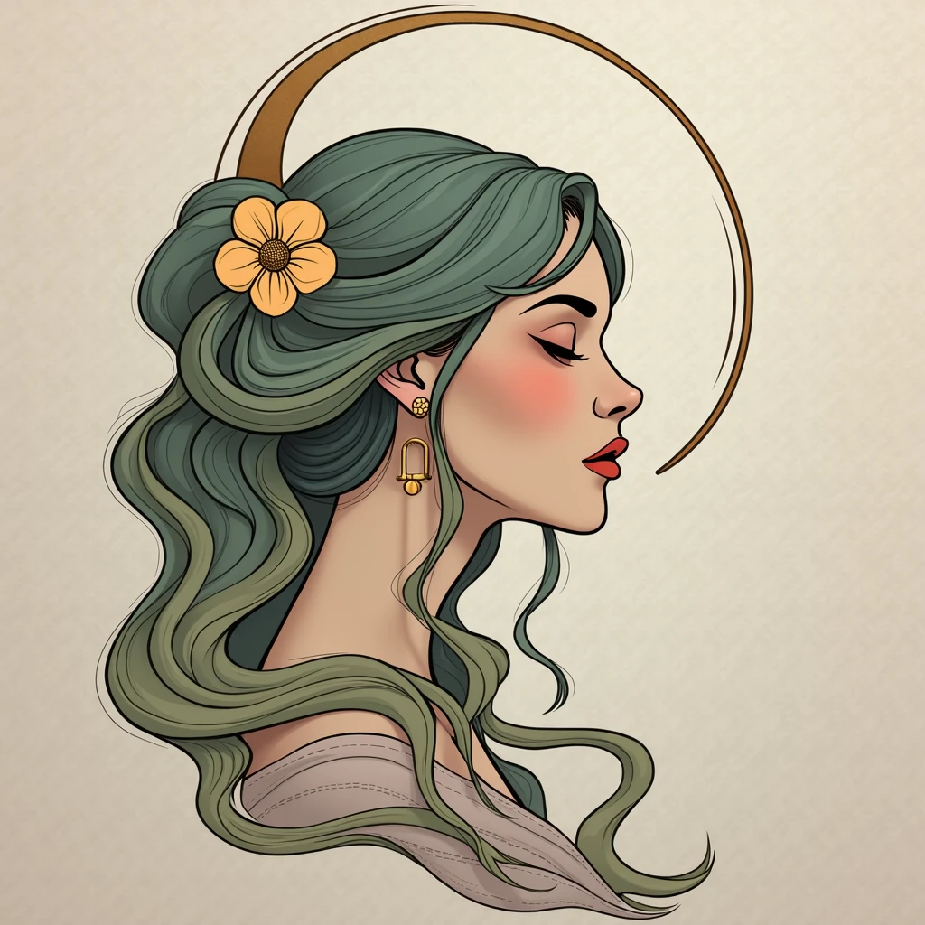 Female Head with Simple Arabesques: The focus would be on the serene and ethereal face of a woman, with long, flowing hair in the Art Nouveau style, flowing in simple curves around the head. The hair does not need to be extremely detailed, but it would follow an elegant and fluid pattern, with just a few gentle waves and spirals, creating a sense of natural movement.
You can add a small ornament or tiara above the forehead, in the minimalist Art Nouveau style, perhaps with a single flower or a precious stone in the spotlight, keeping the details minimal. around the head, there may be small curved lines or arabesques, just to accentuate the shape of the design.
In the Neo-traditional style, the face would be drawn with bold lines and light shading, highlighting features like the eyes, nose and lips in a simplified way, but impactful. Soft cores like gold, light blue or pink can be used in a controlled way, keeping the design clean and not overloading the image with too many elements.
This design captures the essence of Art Nouveau through fluidity and elegant shapes, while the neo-traditional style maintains the graphic impact and visual simplicity.