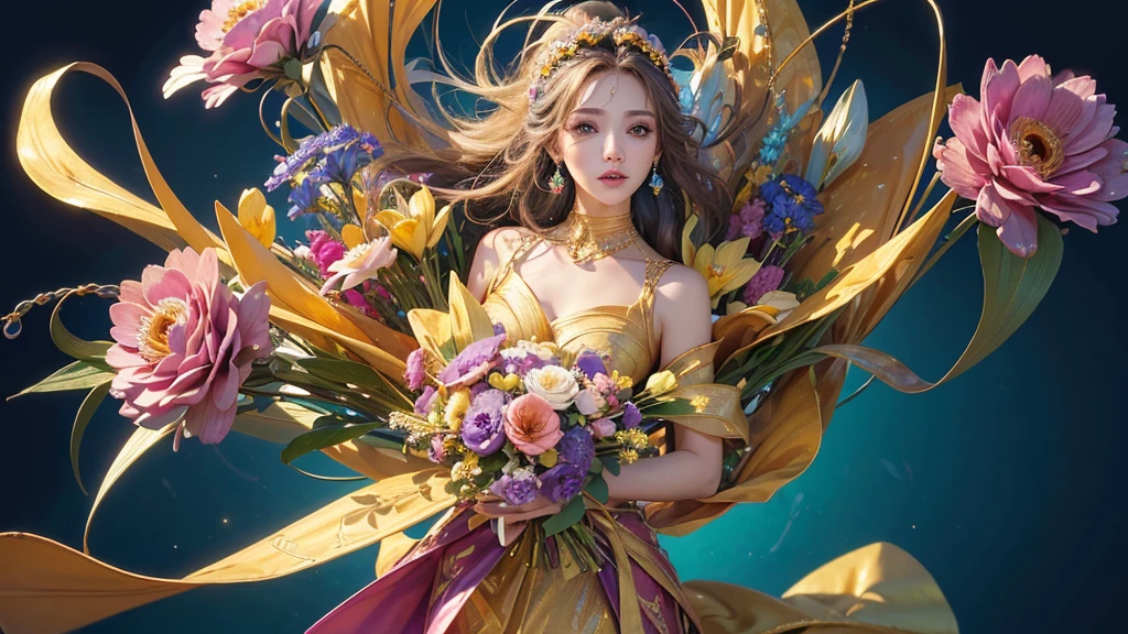 32K, 最高quality, 最高masterpiece, (ultra-Detailed Background, Detailed Background), High resolution, Super detailed, Very detailedな, 1 personの, (bouquet:1.3), (Tangled:1.2), (Geometric:1.2),(colorful),(masterpiece, quality, best quality, Official Art, Beautiful and beautiful:1.2), (1 person:1.3), Very detailed,(colorful:1.1)(Flowers:1.3),Most detailed,(Tangled:1.2), whole body, (Abstract background:1.3), (Skin glows), (Many colors:1.4), ,(Earrings Jewelry:1.5), Blue Background,
