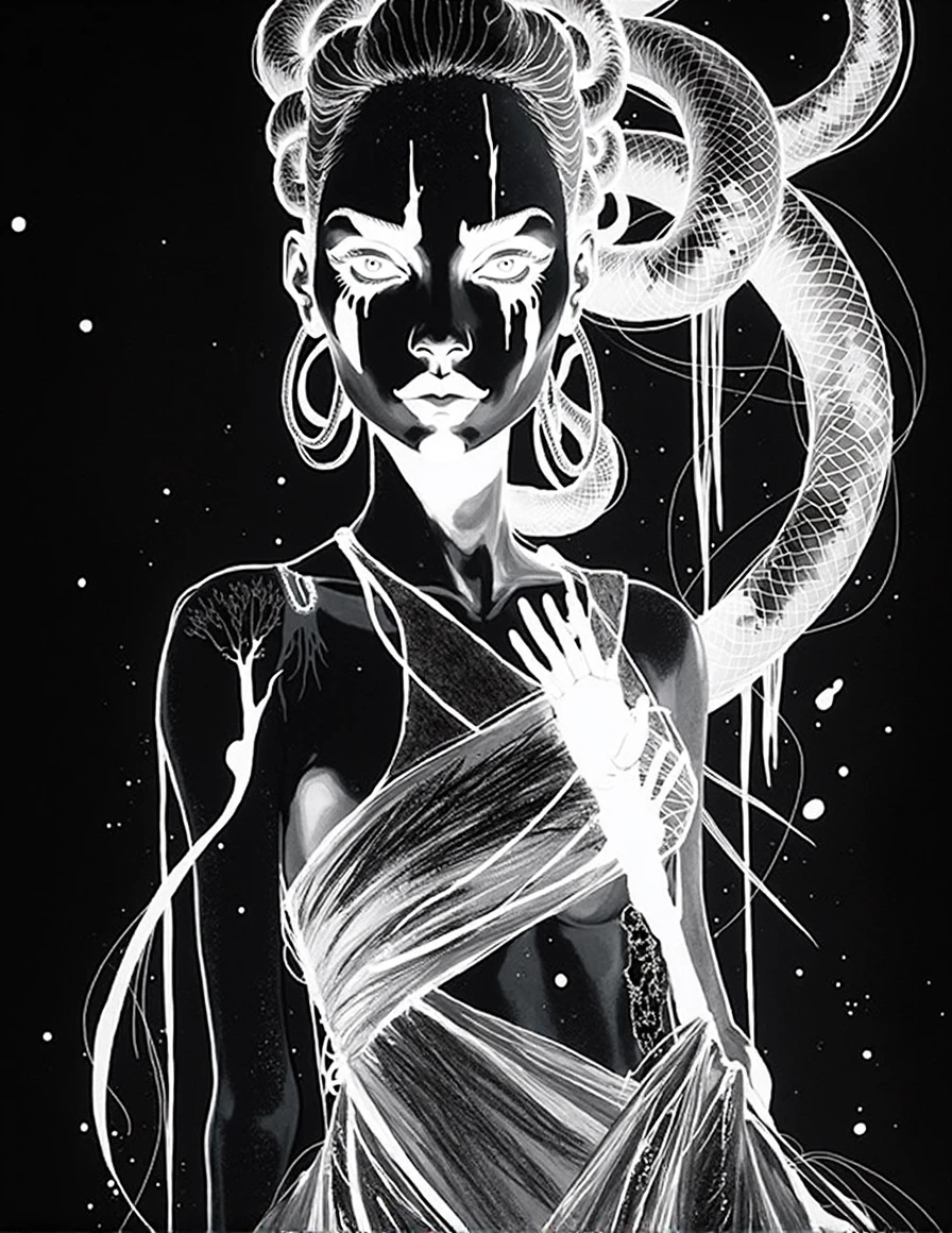 An expressive over the shoulder unfinished cartoon sketch featuring a hairless figure Medusa wearing maxi dress. MEDUSA has snakes on head with accurate snake bodies, snake scales, and snake tail rattle. drawing includes ornate corpsepaint blackmetal facepaint, resembling Grace Jones. style blends art aesthetics of Sean Gordon Murphy and Joelle Jones with rough sketch charcoal art style. sketch shows rough-draft pencil lines underneath bold lines over rough-sketch inking, using ink charcoal blend. The scene is set in the pine barrens with sparse trees, emphasizing a candid, sorrowful expression. sketch uses angular expressive lines in incomplete, unfinished style, evoking sense of fiery decay. Colors red, yellow, blue (RYB coloring).

