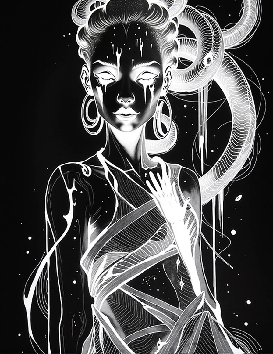 An expressive over the shoulder unfinished cartoon sketch featuring a hairless figure Medusa in maxi dress. MEDUSA has snakes on head with accurate snake bodies, snake scales, and snake tail rattle. drawing includes ornate corpsepaint blackmetal facepaint, resembling Grace Jones. style blends art aesthetics of Sean Gordon Murphy and Joelle Jones with rough sketch charcoal art style. sketch shows rough-draft pencil lines underneath bold lines over rough-sketch inking, using ink charcoal blend. The scene is set in the pine barrens with sparse trees, emphasizing a candid, sorrowful expression. sketch uses angular expressive lines in incomplete, unfinished style, evoking sense of fiery decay. Colors red, yellow, blue (RYB coloring).