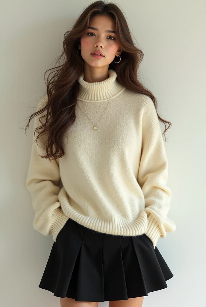 Image of a girl with brown hair wearing eye-catching but casual clothes with a white or cream wool sweater and a black mini skirt that starts with fal
