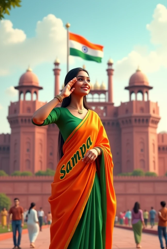 Create a 3D image of 24 years old cute girl is wearing indian flag colour saree and saluting to indian flag and behind him red fort placed and hoisting flag on that, written"Happy Independence Day 2024" on the sky and ''sampa " is written on his saree with bold letters and also in overall image has the divine background like indian republic day. Everyone is celebrating.
