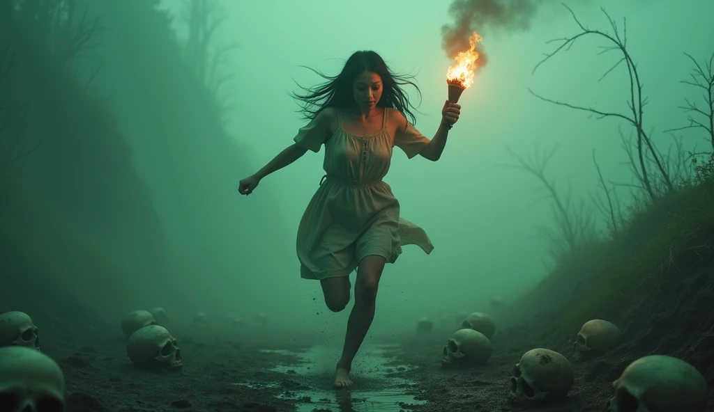 (RAW photo, realistic photo, high quality, masterpiece), heavy corrosive Fog ,atmosphere is full of fog, fog block the vision, Japanese beautiful woman is holding a torch and running in the fog, dangerous, skeletons on the ground, corrosive fluids on ground and body, (she wear worn dine dress only, corrosive fluid drop on her clothes, she is scared and run fast), she is looking back