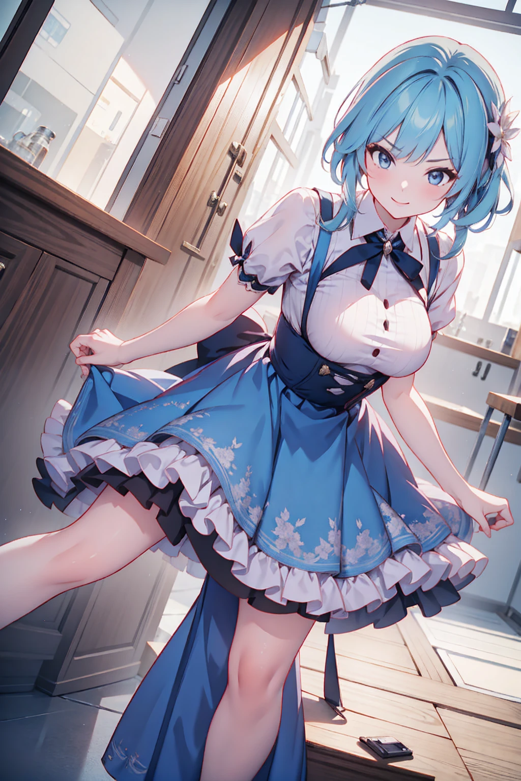 1girl in, Monk's clothes(white&blue) with plenty of embroidery, blue hairs, Blue eyes, Ponytail, length hair, blush, tight lips, teary eyes, drawn lips, (((Skirt Lift: 1.3)))), ((White Panties Visible))), innkeeper room