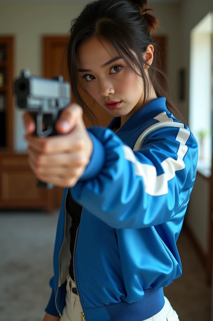wide depth of field, living room background, full body image,, fragments, soft feminine royal blue and white satin bomber jacket, woman posing with a pistol up by her face, fighting stance,almost perfect, pure form, intricate details, 8K post-production, high resolution, super detailed, Popular topics on Artstation,, Studio photos, intricate details, Very detailed,