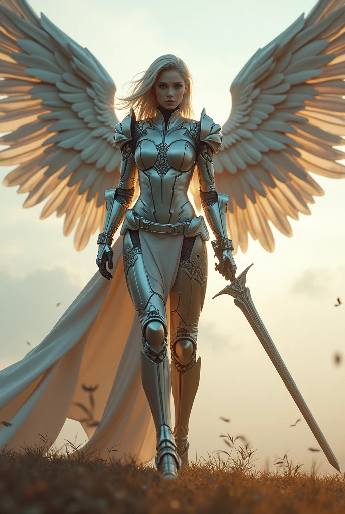 divine archangel michael,fainal war effect,REAL - style image of a woman with a sword in a field, cyberpunk art inspired by Leng Mei, cgsociety contest winner, fantasy art, beautiful cyborg angel girl, angel knight girl, as a mystical valkyrie, battle angel, angel in plastic armor, mechanized valkyrie girl, unreal engine 4k wallpaper, wraith from apex legends, epic angel wings
