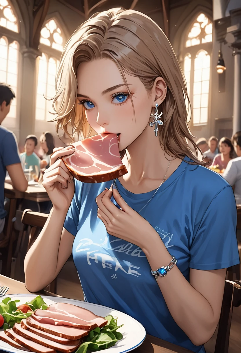 ((masterpiece, best quality, highly dramatic picture, cinematic lens effect, perfect Anatomy, exquisite lighting)) Australia in her 30s eating a plate of ham and salad(blue tshirt, silver bracelet, cross earring, black arm band, dark blonde hair, firm style) (location: dining hall)