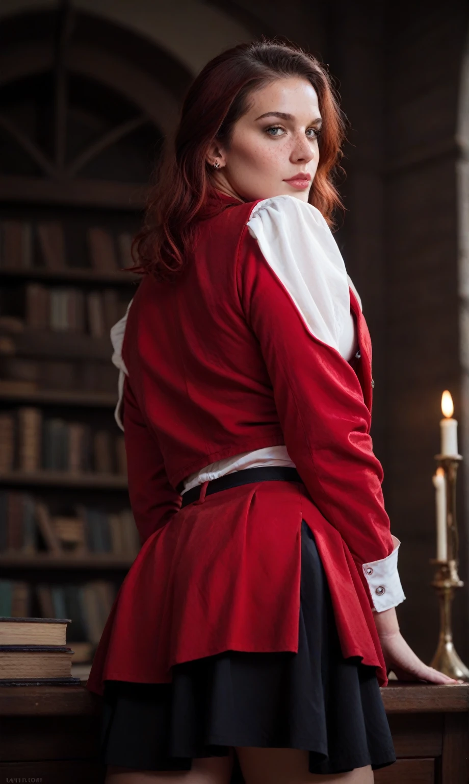 score_9, score_8_up, score_7_up, score_6_up, score_5_up, score_4_up, realistic style, photo, photorealistic, high detail, (sharp), BRAKE, from behind , low angle photo, Young witch, red hair, freckles, Slytherin uniform, (white blouse, red jacket, red short skirt), cleavage, posing in a magic workshop, (Hogwarts), magic, gothic lighting, low light, (high detail),