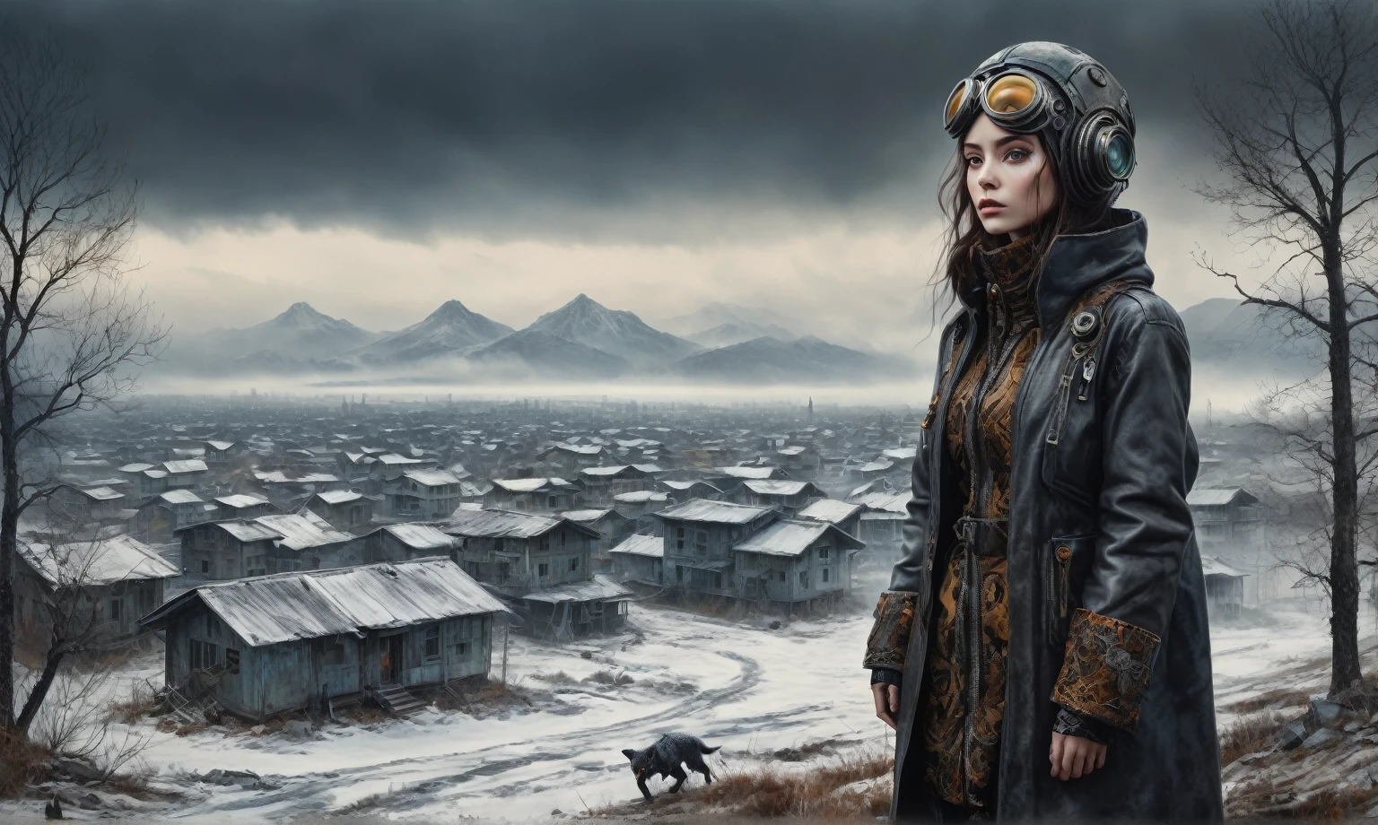 insane pilot from USSR , camouflage Rusty, after a psychiatric clinic,winter,intricate landscape,slate grey atmosphere,film grain,faded,eyes extremely detailed,another world,view from height,once pretty face,eyebrow up,full body shot,ominous landscape, Simon Stalenhag,Nicola Samori,full body shot,beggar paladium The Alien Entity,Technicolor,natural skin textures, hyper realism, hyper detailed,Extremely detailed,High contrast,Masterpiece,Realistic,Ultra Detailed, intricate details,realistic humid leather,extremly intricate,Epic Realistic, cinematic style,irina yermolova,high contrast,hdr,extremely detailed, deep night landscape,masterpiece,intricate details,faded,eyes extremely detailed, high detailed eyes,8k resolution,RAW,retina, Nikon Z9,China,tkt style, transition between two art styles, Ink painting to photorealism, Double contact, X-ray, Creative, vivid light, masterpiece, fantasy, Abstract Surrealism, super detailed, high resolution, stop:35;Her skin is pale, almost translucent,ancient rock,a hot air soars through the layers of clouds, revealing a colossal and enigmatic cityscape nestled within. The buildings in this ethereal city are adorned with intricate details and exude an aura of mystery. Above the cityscape, lend an enchanting touch to the scene. steampunk. The intricate mechanics create a sense of wonder and fascination, as if stepping into a dreamlike realism,Marta Bevacqua, Ellen Jewett, Kawacy, Katsuya Terada, Carne Griffiths