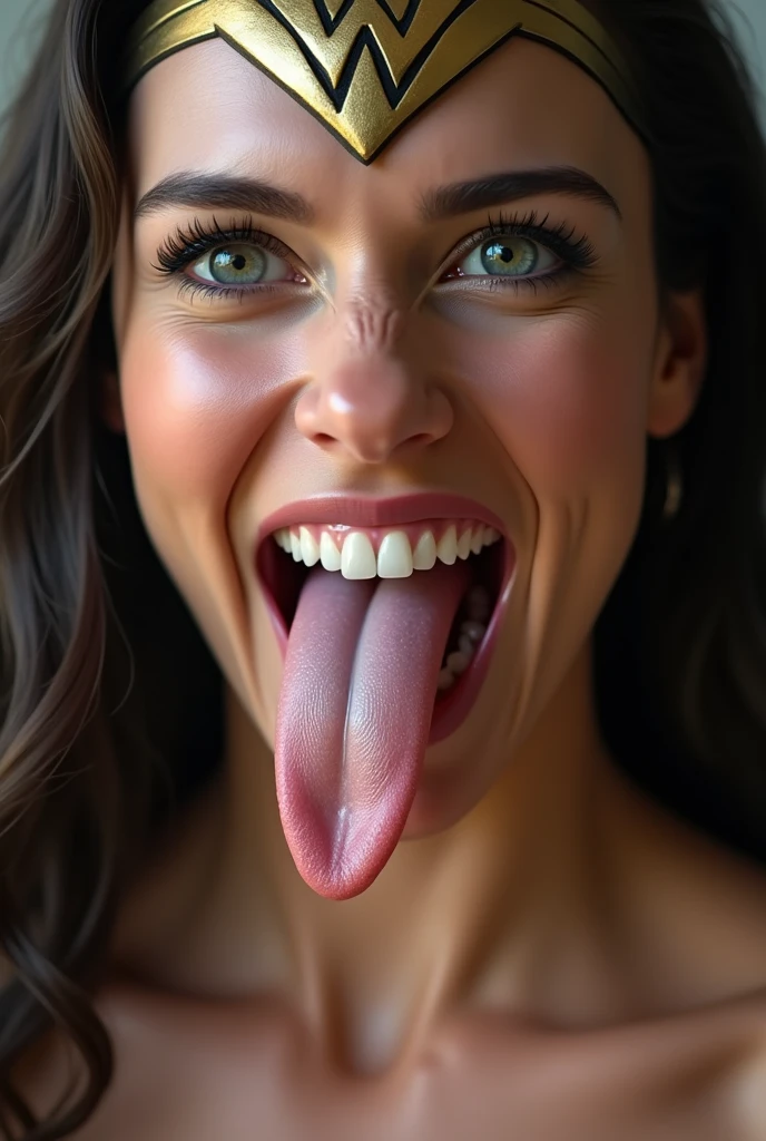 ((Masterpiece)) Gal Gadot as Wonder Woman opens her mouth wide showing you her uvula and super thick slimy and very meaty white Tongue with a sensual expression on her face (photorealistic human tongue)