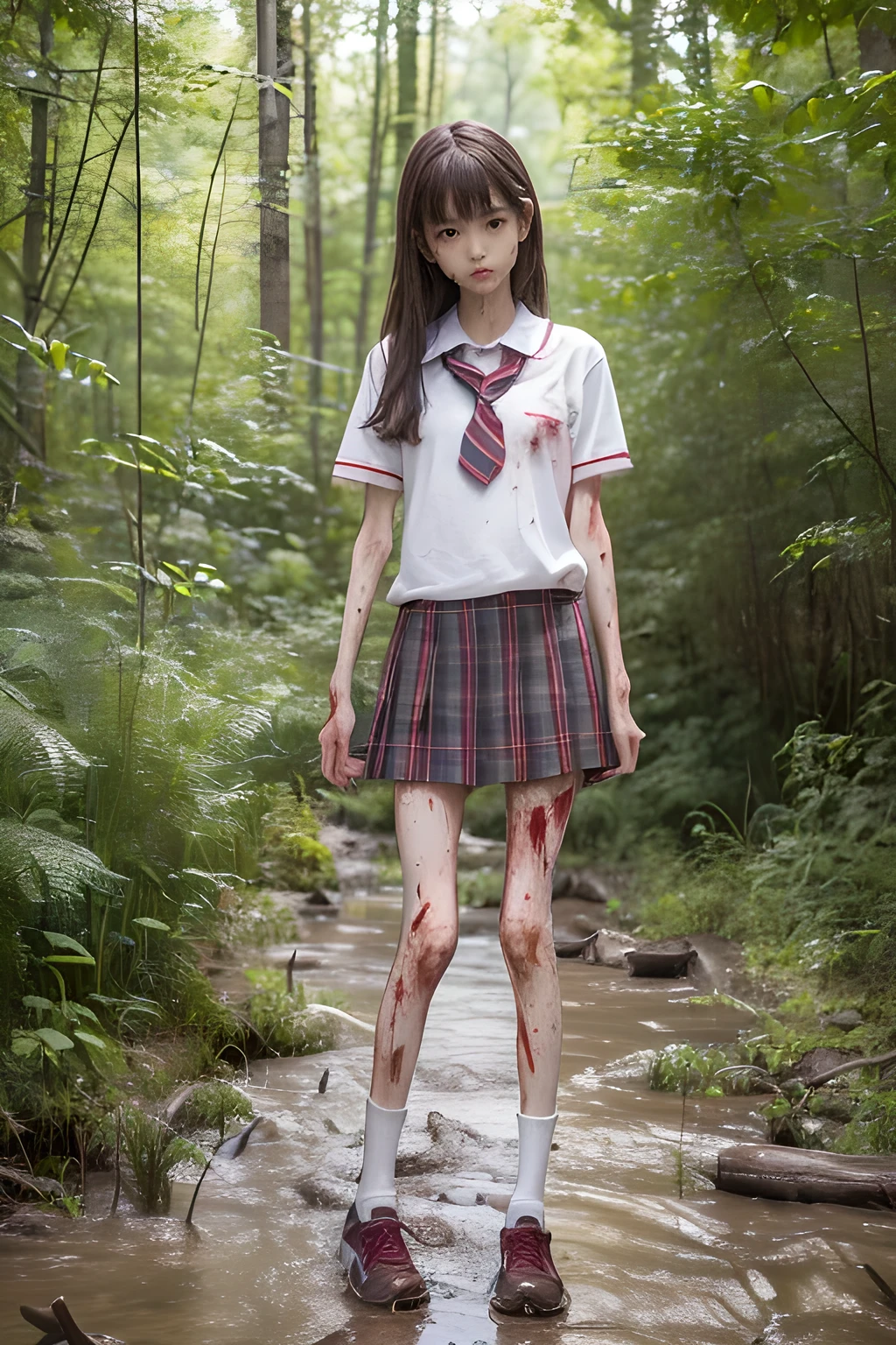 (8K、RAW Photos、highest quality、masterpiece:1.2), (Realistic、Photorealistic:1.2), (High resolution skin:1.1), Beautiful young girl,japanese, ,small breasts,(Slender girl:1.4),(Thin legs:1.4),plaid short skirt,school uniforms, (White socks), Short sleeve,sneakers, whole body,forest,standing,(muddy),(wounds,bloody legs:1.4)