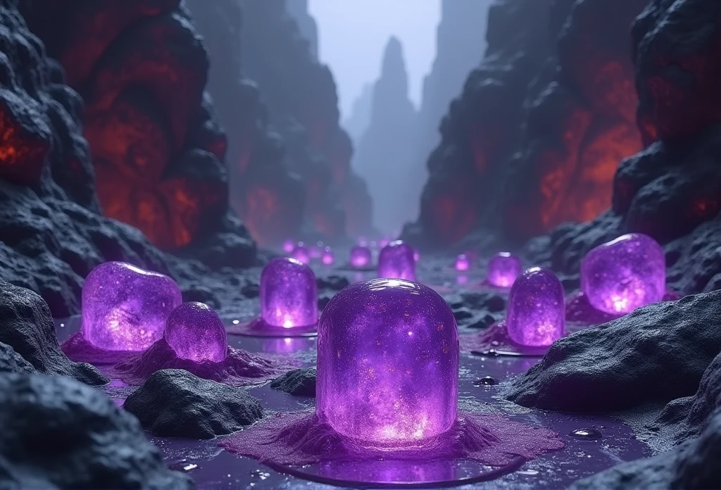 gray rustic environment, gray environment, just uneven, small hills of fiery and shiny hellstone, a little purple, large sparkling igneous purple stones with a transparent appearance, polished igneous stones, hellish environment, hellcore, dim sky, underworld, purple aesthetic, viscous purple liquid around the stones, purple liquid dripping, focus on polished purple stone with a transparent look