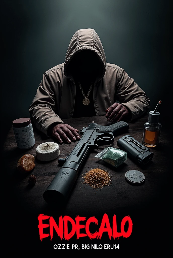 Thumbnail for a trap song called ENDECALO, with singers OZZIE PR X BIG NILO X ERU14 where drugs, money and weapons are seen and no people come out 