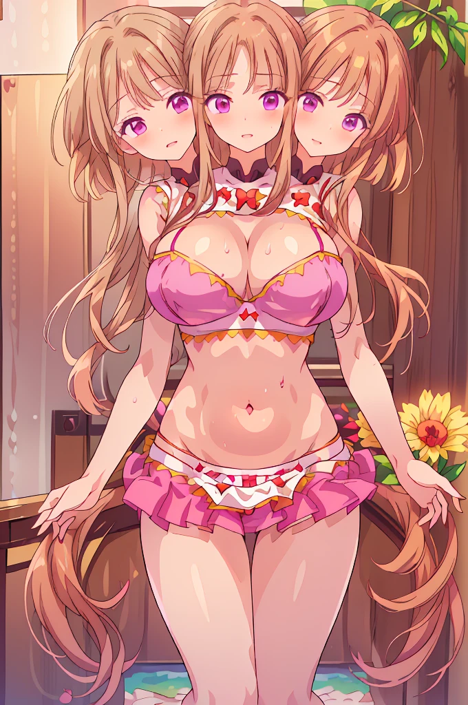(masterpiece, best quality), best quality, (ultra-detailed), (3heads:1.5), 1girl, (nishida satono:1.3), masterpiece, best quality, ultra quality, ultra resolution, ultra detail, pink top, crop top, ((stomach)), midriff, ((groin)), pink skirt, normal ears, shackles, light ginger hair, (same hair color), very long hair, wavy hair, sidelocks, purple eyes, parted lips, smiling, sweat, cute, toned belly, hand on own chest, eyelashes, (24 year old woman:1.3), (masterpiece:1.5), (best quality:1.5), (beautiful detailed), extremely detailed CG, extremely delicate and beautiful, depth of field, (finely detailed face), (perfect details:1.2), (mature female:1.3), wide pelvis, slender, large veiny breast, 16k resolution, highres, very high quality, very high definition, extremely detailed, masterpiece, light ginger hair, long hair, alluring presence, braid, short skirt, close up, very big tits, huge breasts, young, girl with three heads, three headed girl,