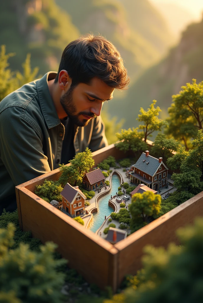 high quality, 4k, 8k, hyperrealistic, photorealistic, detailed, intricate, miniature, tilt-shift photography, man finding miniature city in box, detailed tiny buildings, realistic people, tiny vehicles, tiny trees, tiny landscape, warm lighting, shallow depth of field, cinematic, dramatic