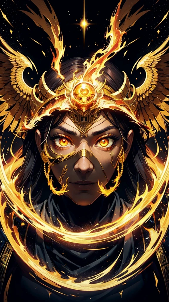 "(best qualityer,high resolution),close of the Cosmic Phoenix's face,covered in bandages with golden hieroglyphs,(detailded:1.1),(bright and intense colors:1.1),(realisitic:1.1) graphic art style,Frightening,eye sockets with shining golden eyes,detailded wrinkles, dark circles under his eyes, all this with a macabre."