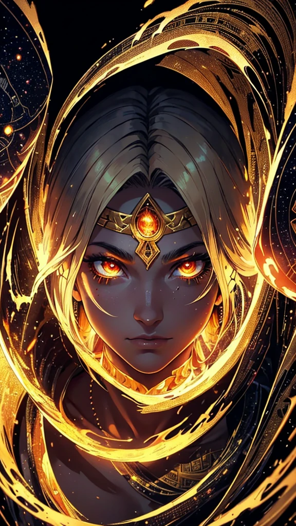 "(best qualityer,high resolution),close of the Cosmic Phoenix's face,covered in bandages with golden hieroglyphs,(detailded:1.1),(bright and intense colors:1.1),(realisitic:1.1) graphic art style,Frightening,eye sockets with shining golden eyes,detailded wrinkles, dark circles under his eyes, all this with a macabre."