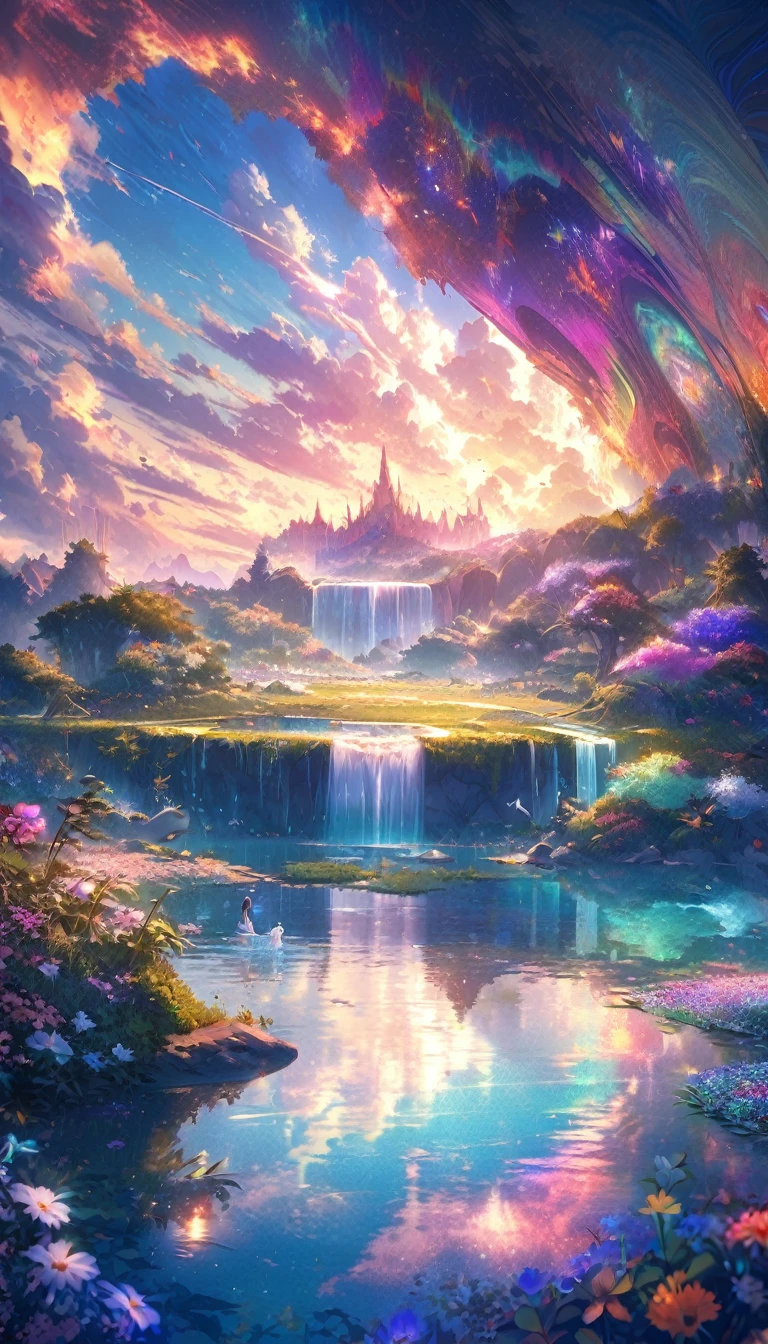 baptism,Baptism,Garden of Eden,Colorful,Dreamy landscape, cloud, light piercing through the cloud, Reflection on the surface of the water, Gentle waterfall,flower々,Quiet atmosphere, Richness in details, Surreal beauty, Magical Aura, Fantasy Landscape, High quality digital art, Vibrant colors, Fantastic lighting, Enchanting atmosphere, Artistic Expression, Otherworldly feeling, Beautiful brushwork, Magnificent View, Peaceful tranquility, Immersive Experience, Breathtaking views, Picturesque views, Mysterious charm, Mysterious atmosphere, Nuances, A magical dream.There are no people