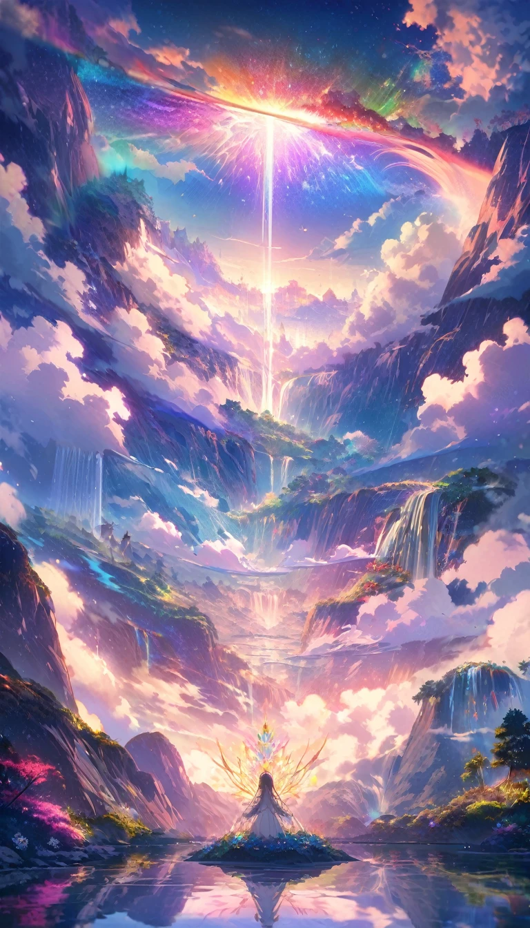 baptism,Baptism,Garden of Eden,Colorful,Dreamy landscape, cloud, light piercing through the cloud, Reflection on the surface of the water, Gentle waterfall,flower々,Quiet atmosphere, Richness in details, Surreal beauty, Magical Aura, Fantasy Landscape, High quality digital art, Vibrant colors, Fantastic lighting, Enchanting atmosphere, Artistic Expression, Otherworldly feeling, Beautiful brushwork, Magnificent View, Peaceful tranquility, Immersive Experience, Breathtaking views, Picturesque views, Mysterious charm, Mysterious atmosphere, Nuances, A magical dream.There are no people