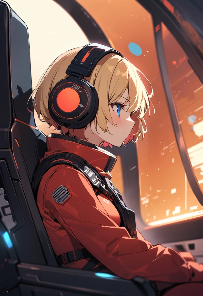 ( short hair, street, Emo, Blonde, Blue Eyes, ,headphone,eyeliner, Apocalypse, , internal (cockpit) of (Futuristic spaceship:1.6), , blush,Sit on a chair, Covered navel, Space Helmet, Mvrów, Space Helm, Plug Suit , Space Helmet, Eva Helm,Red bodysuit, short hair, From the side,Upper Body,close,Looking this way、background moving at high speed、