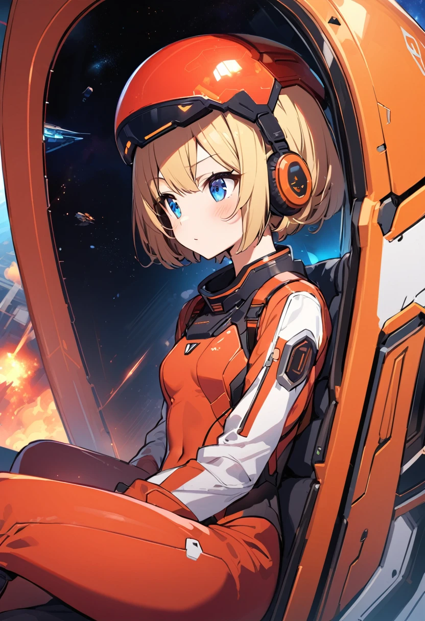 ( short hair, street, Emo, Blonde, Blue Eyes, ,headphone,eyeliner, Apocalypse, , internal (cockpit) of (Futuristic spaceship:1.6), , blush,Sit on a chair, Covered navel, Space Helmet, Mvrów, Space Helm, Plug Suit , Space Helmet, Eva Helm,Red bodysuit, short hair, From the side,Upper Body,close,Looking this way、background moving at high speed、