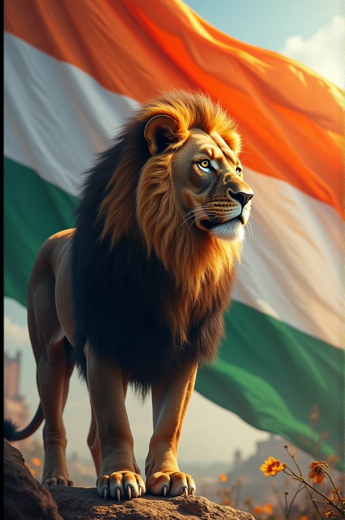 Generate a image of.indian flag with a and behind the flag lion
