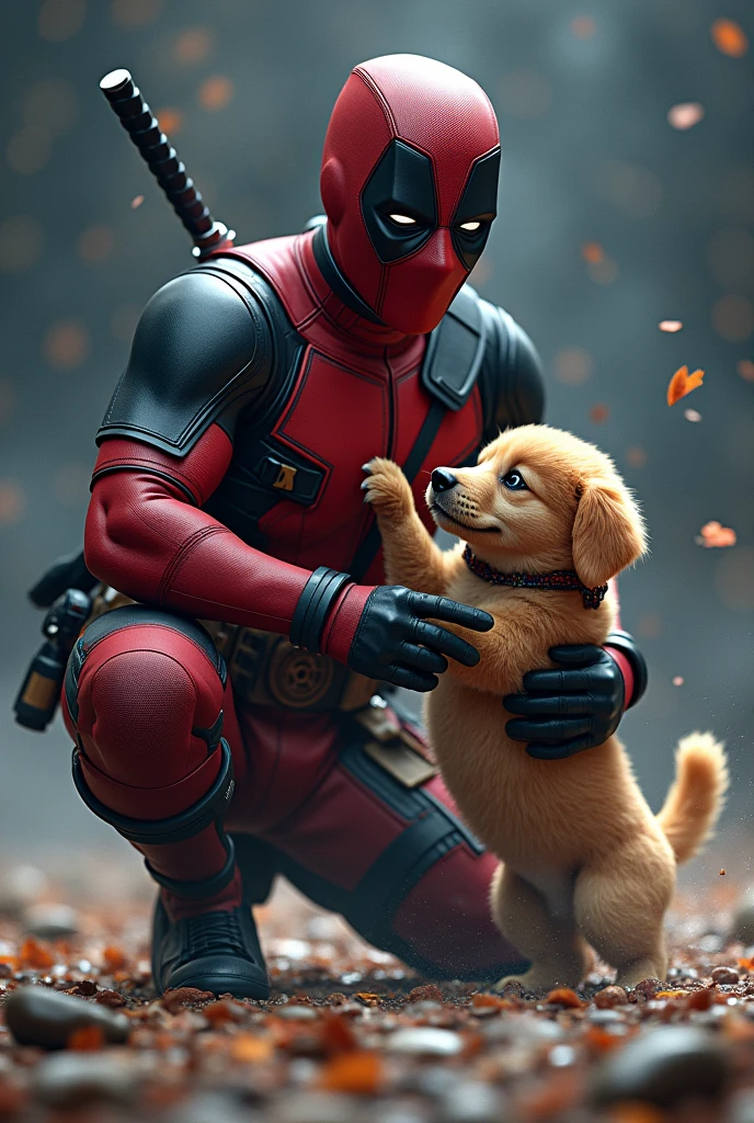 Help me generate an image of deapool with a puppy and his suit in a vacuum