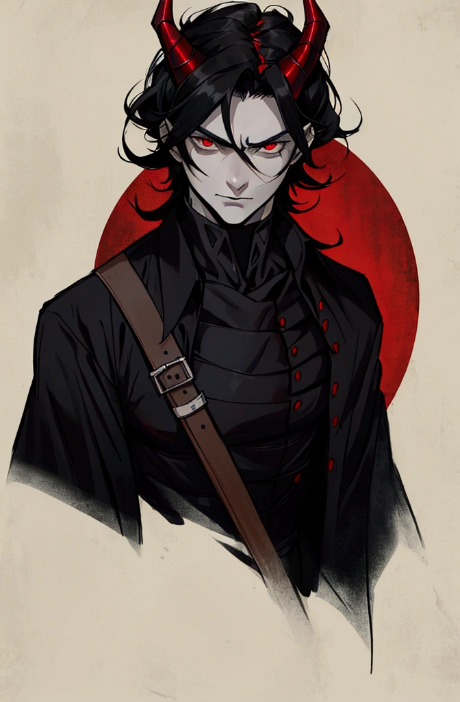 A young demon with horns, pale skin, naughty man, medieval era, He has a musket, anime character,cold eyes and cold expression, camera frontal, black clothes with a black shirt, medium hair, Bblack hair, Eyes red, ear with a slightly torn part