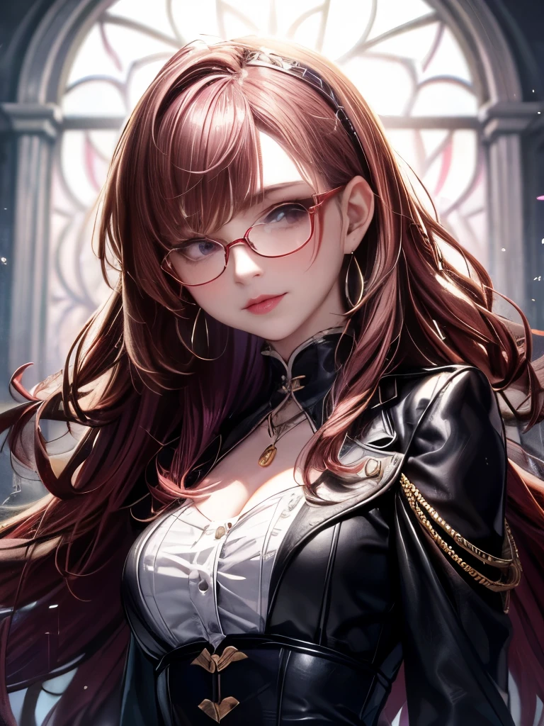 masterpiece, best quality, ultra-detailed), AresiaOC, violet eyes, burgundy hair, twintails, glasses, medium breasts, red dress, cleavege, looking at viewer, (portrait shot, upper body), smiling