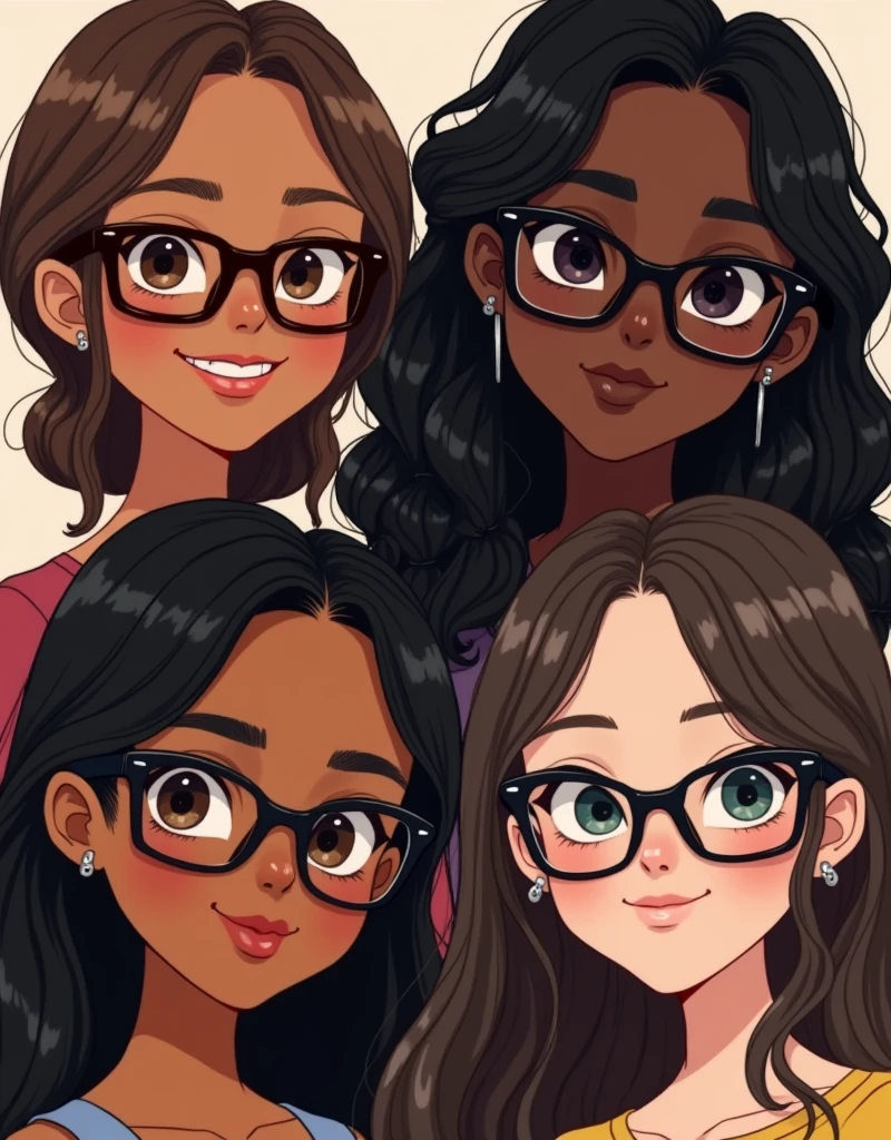 Four girls, The first wears square glasses in dark brown, thick lips and smiling, brown hair in a side braid, they have brown skin. The second girl wears round glasses with thin silver arms, thick lips, black skin and black hair, very curly and long. Third, Caucasian skin, black cat-eye glasses, shoulder length wavy hair, black and with clips, small lips. Fourth, Black Square Glasses, skin fair, earrings on the ears, light-makeup, dark brown hair, smooth and long.