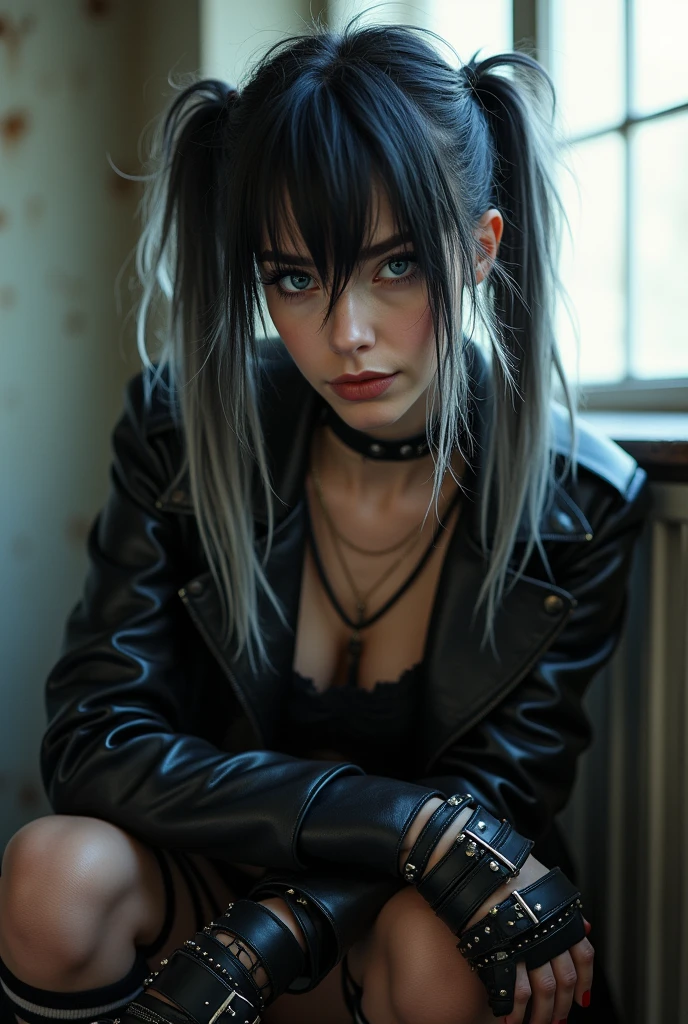 A woman with medium long black hair with white streaks , (oily messy hair) , (ponytails), punk, blue eyes , dark eyeliner, light smile, alluring look, gorgeous face , super cute, 21 years old , (slim figure , large breast, thin waist) , hair over one eye, inside , window light , surrealism, squatting, (slim legs), mesh t-shirt, black leather edgpshorts, long black leather platform boots with straps and rivets, wearing multiple studded leather belts, (ripped nylon stockings), (long leather jacket with studs), studded wristbands, fingerless leather gloves