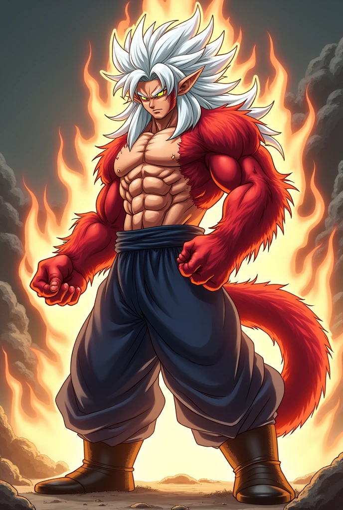 Dragon Ball oc with long white hair,yellow eyes,dark blue pants,black boots without a shirt,red monkey tail,Red fur on his arms, back and part of his abdomen(transformed into super saiyan 4)