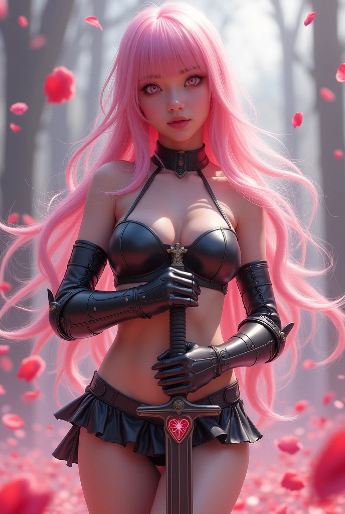 Create a hyper-realistic digital painting depicting a stunning concept art model gazing directly into the camera lens. The scene features her surrounded by swirling wet rose petals and small particles of fire-like colors dancing in the air. Her long hair cascades down her back, partially covering her toned ass and translucent panties, 1 girl, solo, looking at viewer, blushing, bangs, skirt, knee-socks, holding in hands, hair between eyes, twin tails, smiling, mouth closed, standing, full body, weapon, pink hair, heart, boots, outdoors, sword, black knee-socks, black skirt, pink eyes, holding weapon, armor, high heels, garter straps, holding sword, gauntlet, breastplate, armored dress, armored boots, planted, knee-socks under boots, planted sword, pastel tone,