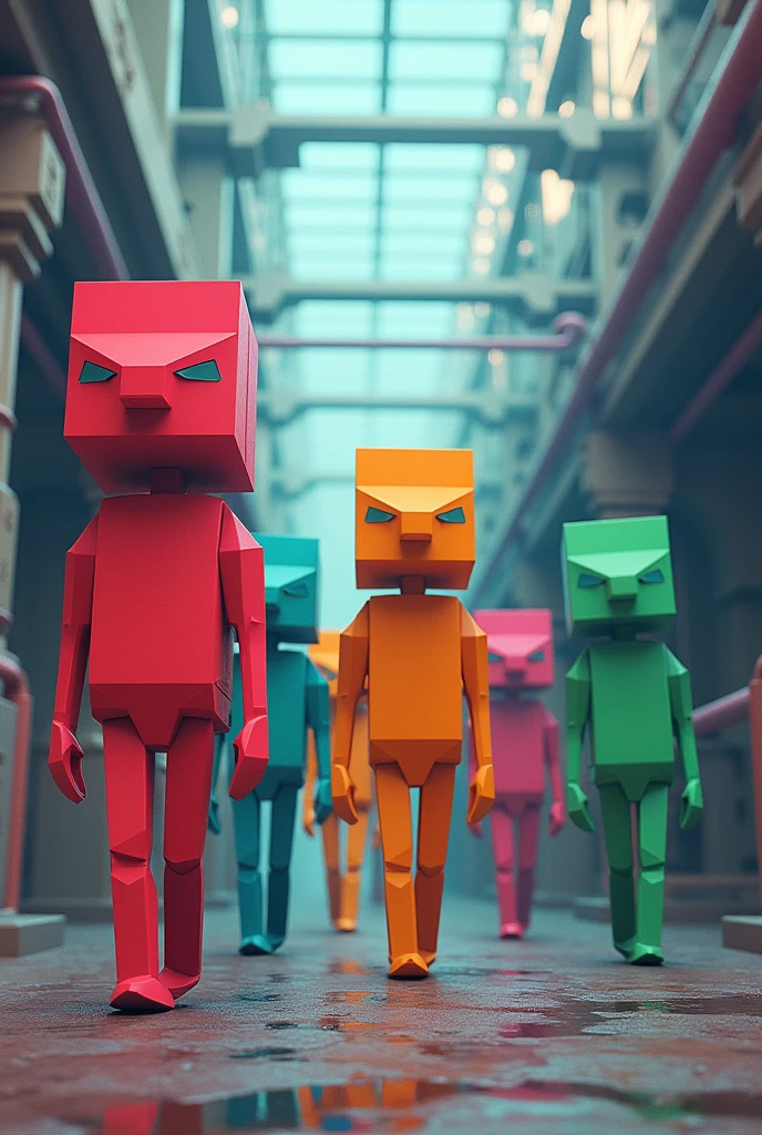 multiple geometric colored blocks,forming biological traits,walking inside the nuclear power plant,Light effects,Premium color matching,Tyndall effect