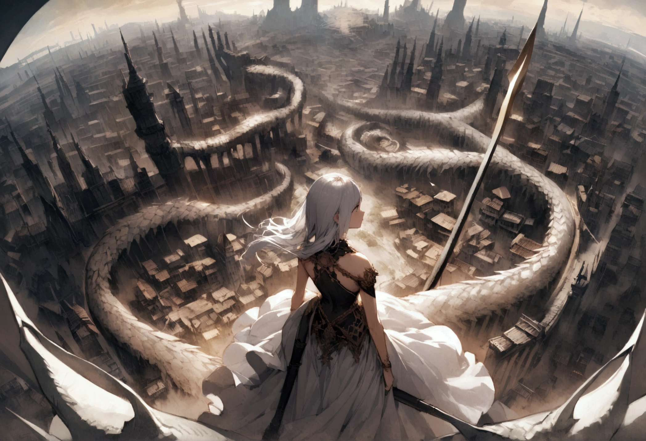 A woman holding a spear. In a battle with a giant dragon, White Hair, Back view, Panoramic view from above, A crumbling city