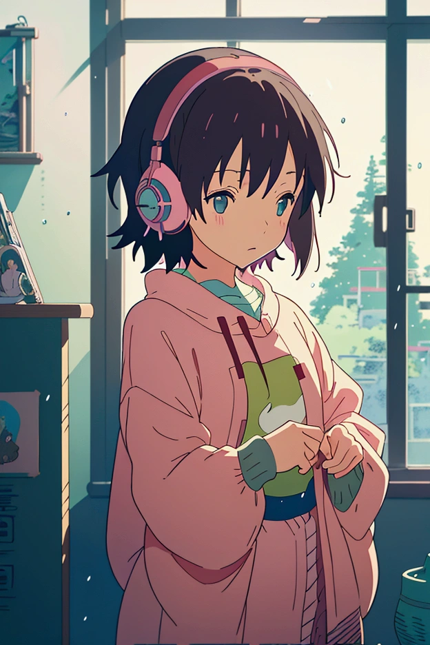 Anime style, (dreamlikeart), (soft focus), cozy room setting, girl with headphones, [(Lofi beats:1.3)|ambient music], (anime art), [(cherry blossoms|bookshelf:0.5)], [reflective surface:0.8], [(pastel colors:1.2)|subdued tones], [(attention to details:1.1)], [illustration:0.7], [(Studio Ghibli style:1.4)], (anime character design), [window light], [(subtle shadows:0.9)], [(subdued atmosphere:1.2)|calm ambiance], [(trending on Pixiv:1.2)], [(anime community approved:1.1)], [(Anime Expo:1.3)], [ethereal glow], [(focus on eyes:1.1)], [(character illustration:0.8)], [(soft artstyle)], [(nostalgic feeling:1.2)], [(character sitting:0.7)], [(artistic details:1.1)], [(melancholic mood:1.3)], [(attention to clothing details:1.2)], [(hair flow:1.1)], [(unique headphones design:1.2)], [(vivid background elements:1.1)], [(anime genre:lofi:1.4)], [(trending on DeviantArt:1.1)], [(inspired by Makoto Shinkai:1.2)], [(cyberpunk infusion:0.9)], [(rainy day vibe:1.2)], [(subtle bokeh:1.1)], [(anime girl pose:0.9)], [(artistic expression:1.2)], [(harmony in color palette:1.1)], [(wistful mood:1.2)], [(detailed room decor:1.1)], [(trending on ArtStation:1.1)], [(illustration challenge entry:1.3)] , 1girl