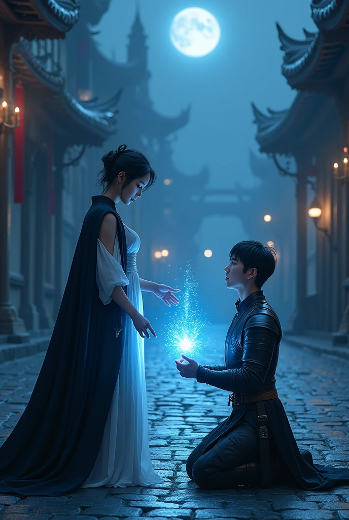 "Are you my master?"; BREAK A (photorealistic masterpiece) (highly detailed faces, fantasy illustrations with gothic, with muted colors), BREAK (this is a "city of shadows" with distant lights glittering. Pale blue moonlight illuminates the cobbled stone); BREAK (Elf sorceress: a beautiful young diminutive Elf woman with (elf ears), short midnight black hair, delicate features, pale skin, and lavender eyes); wearing ((sleeveless)) pale robes, arcane magic is woven around, summoning a knight to protect her, glittering magic radiating from her, BREAK (ArmoredKnight: a tall handsome Chinese man, medieval Chinese-style lamellar armor, black cloak, carrying a jen-sword glimmering blue) and (kneeling:1.3), BREAK (female elf on left and dark ArmoredKnight on right facing each other in blue moonlight as the knight (((kneels))) in allegiance); BREAK: the dark armoredknight kneels.
