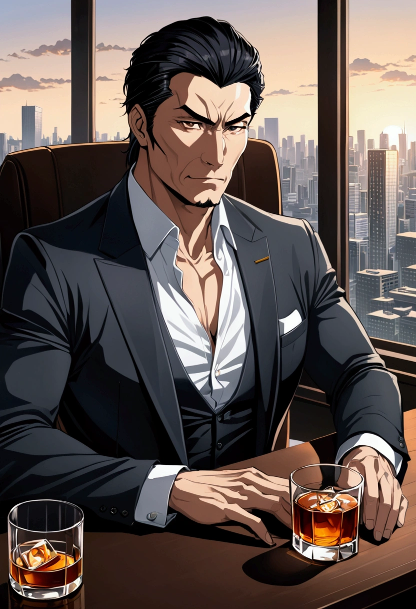 Digital Manhwa minimalista oil painting art , 50-year-old man of Japanese ethnicity with pronounced masculine features, athletic appearance and visible beauty, short black hair, serious look, pale skin, black eyes, sitting elegantly in his office with a view of the buildings, dressed in a business manner with a cup of whiskey